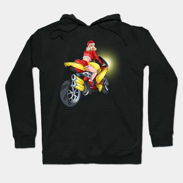 Retro Mrs Santa Motorcycle Babe Biker Hoodie by Trendy Black Sheep